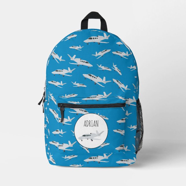 Jet Aeroplane Pattern Custom Name School Printed Backpack (Front)