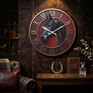 Jet Black Horse Crimson Luxury Equestrian Timepiec Large Clock
