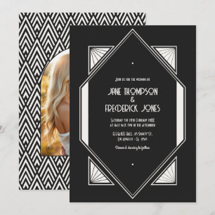 Jet Black & Ivory Linen Art Deco Wedding Photo Invitation