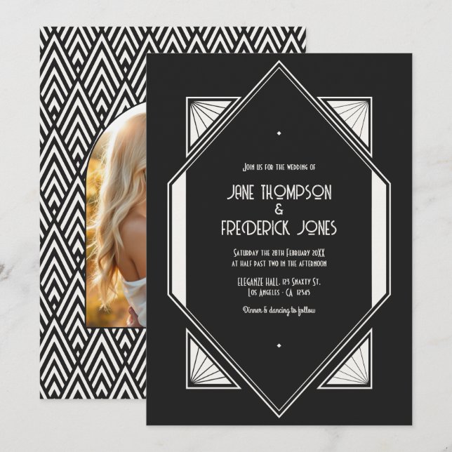 Jet Black & Ivory Linen Art Deco Wedding Photo Invitation (Front/Back)