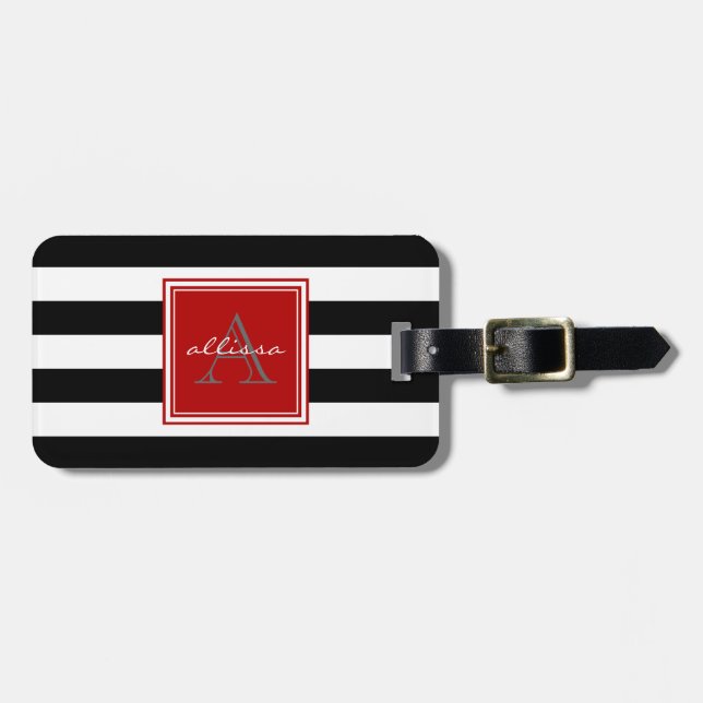 Jet Black Monogrammed Awning Stripe Luggage Tag (Front Horizontal)