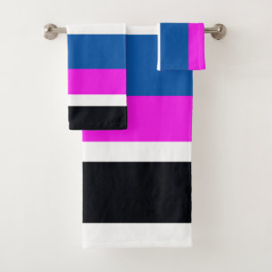 Jet Black, Pure White, Teal Blue, Hot Pink Stripes Bath Towel Set