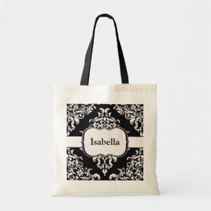 Jet Black & White Diamond Damask Tote Bag