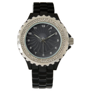 Jet Engine  Rhinestone Black Enamel Watch
