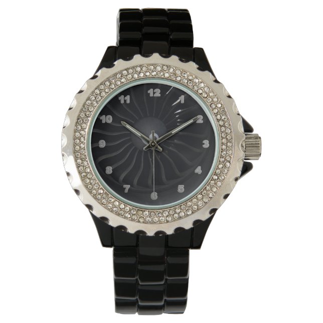 Jet Engine  Rhinestone Black Enamel Watch (Front)