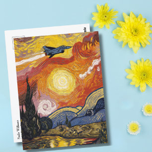 Jet Fighter Airplane Van Gogh Aviation Birthday Postcard