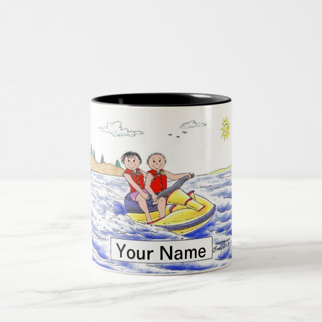 Jet Ski Riding Couple Cartoon by PrintedPerfection Two-Tone Coffee Mug (Center)
