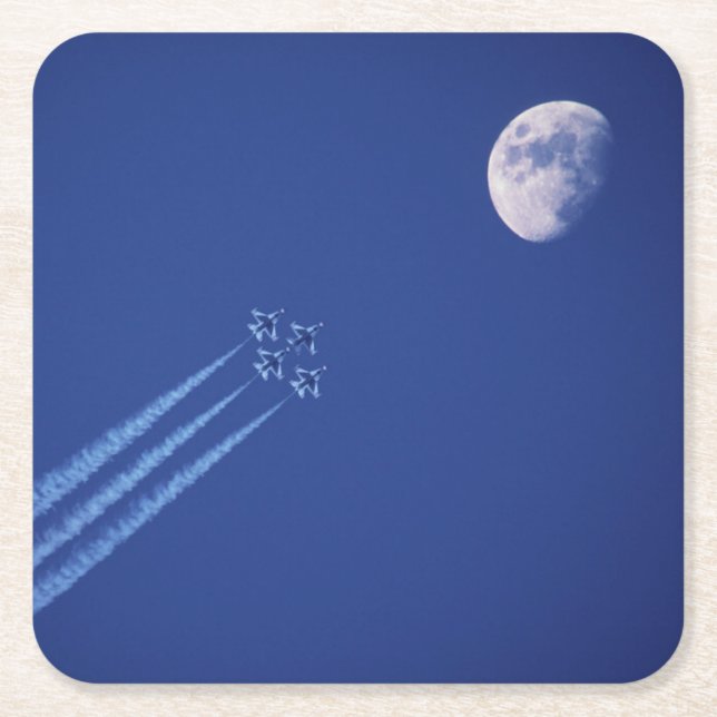 Jets Next to Moon | British Columbia Square Paper Coaster (Front)
