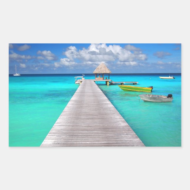 Jetty with boats in a tropical lagoon rectangular sticker (Front)