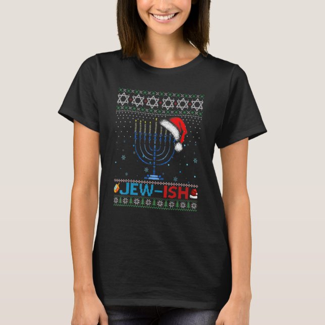 Jew ish Jewish Pun Menorah Santa Hanukkah Christma T-Shirt (Front)