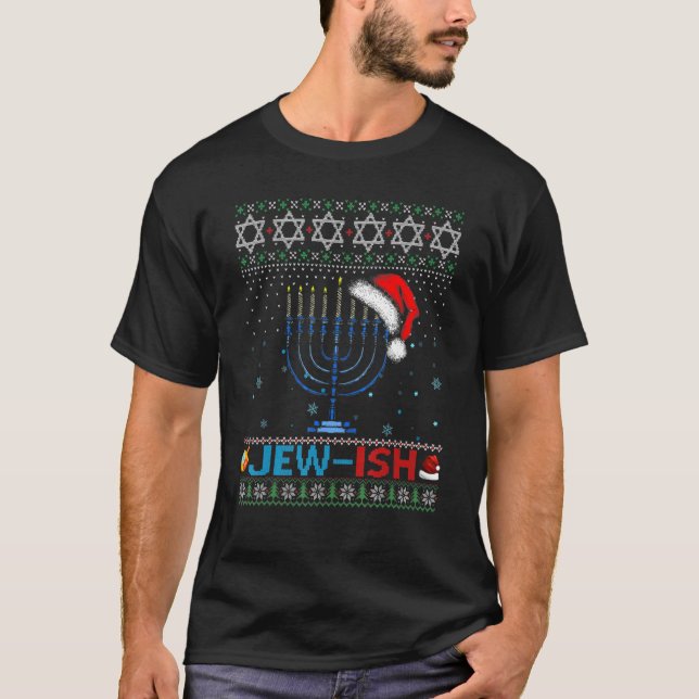 Jew ish Jewish Pun Menorah Santa Hanukkah Christma T-Shirt (Front)