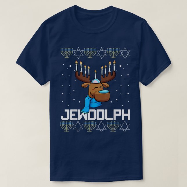 Jewdolph Reindeer Hanukkah Menorah Christmas Ugly  T-Shirt (Design Front)