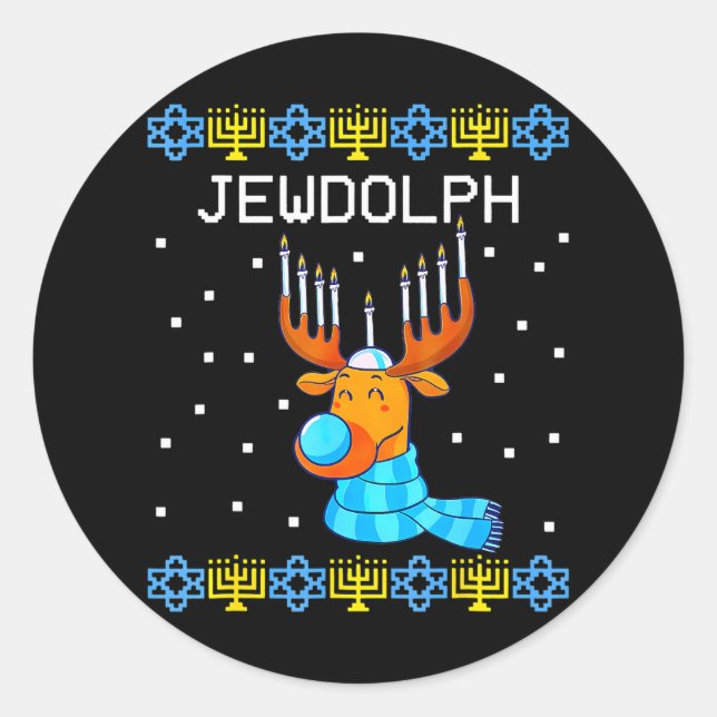 Jewdolph Ugly Hanukkah Reindeer Menorah Chanukah Classic Round Sticker (Front)