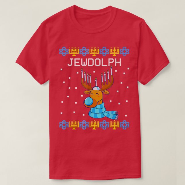 Jewdolph Ugly Hanukkah Sweater Reindeer Menorah Ch (Design Front)