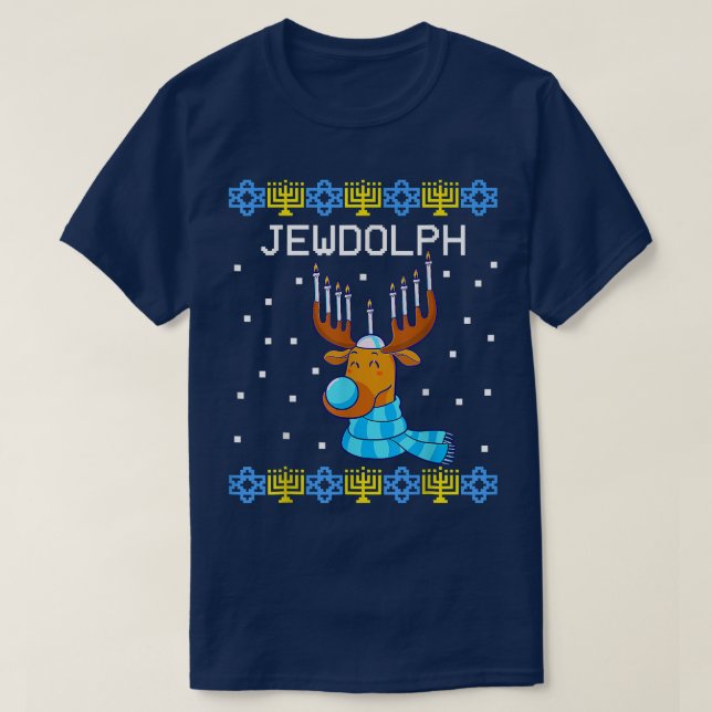 Jewdolph Ugly Hanukkah Sweater Reindeer Menorah Ch (Design Front)