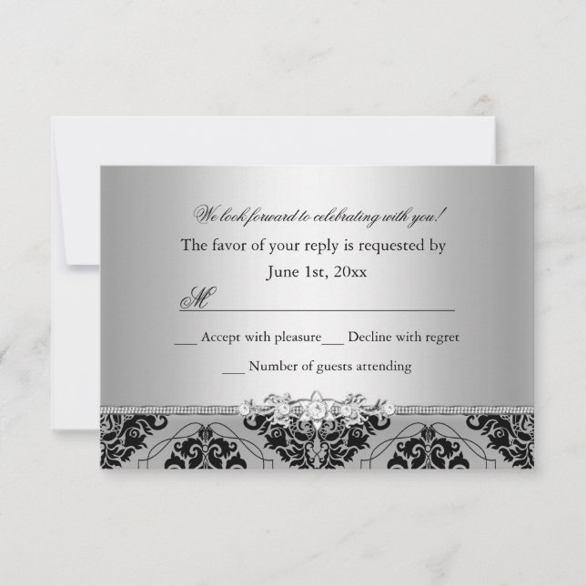 Jewel & Black Damask Silver RSVP (Front)