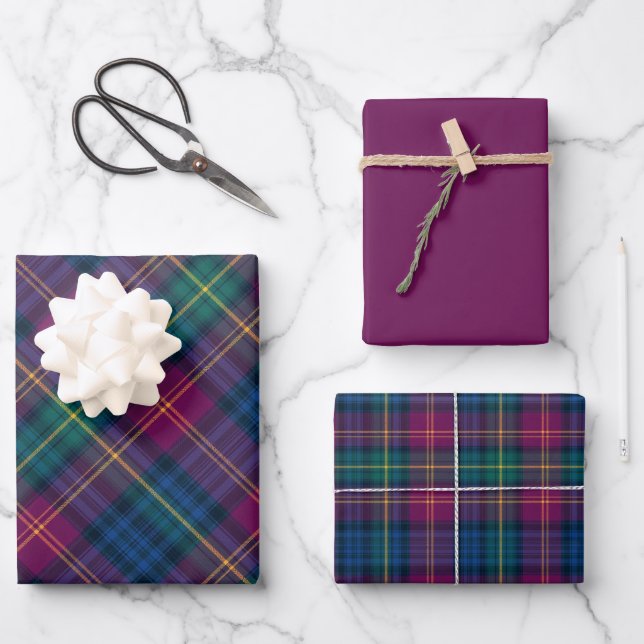 Jewel Blue, Green, Wine, Purple & Gold Plaid Wrapping Paper Sheet (Front)
