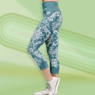 Jewel Blue Grungy Damask Pattern Script Name Capri Leggings