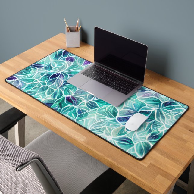 Jewel Blues Leaf Pattern Desk Mat (Office 2)