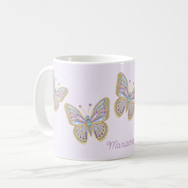 Jewel Butterflies Purple Blue Gold Coffee Mug (Front Left)