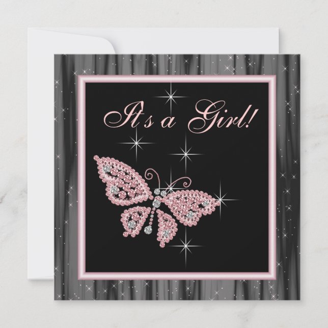 Jewel Butterfly Pink Black Baby Girl Shower Invitation (Front)