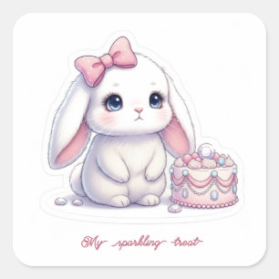 Jewel Cake Bunny - Pink Ribbon & Gemstone Sweet Square Sticker