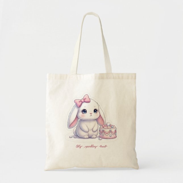 Jewel Cake Bunny - Pink Ribbon & Gemstone Sweet Tote Bag (Front)