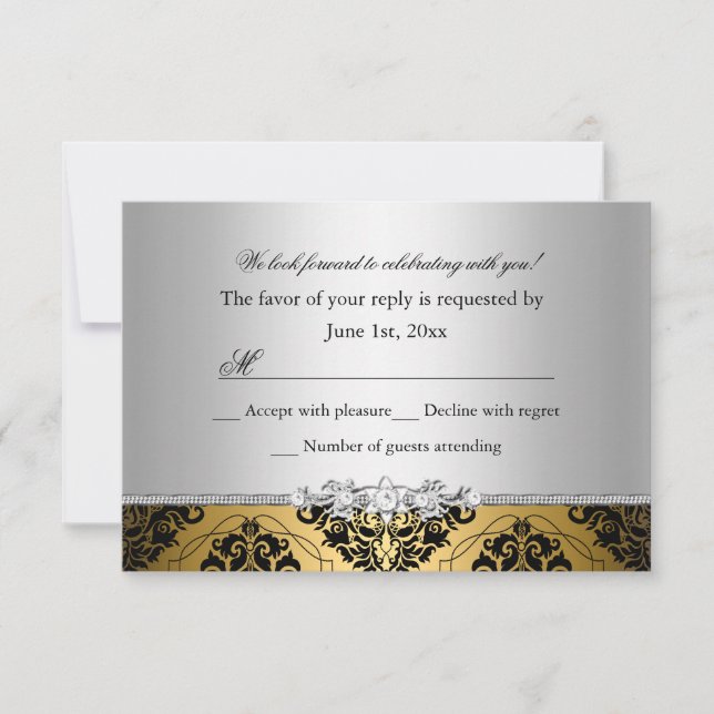 Jewel Damask Gold & Silver RSVP Card (Front)