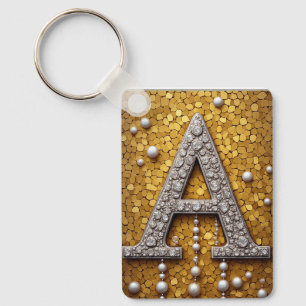 Jewel-Encrusted Letter A On Gold Mosaic Background Key Ring