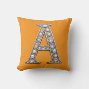 Jewel-Encrusted Letter A On Yellow Background Cushion
