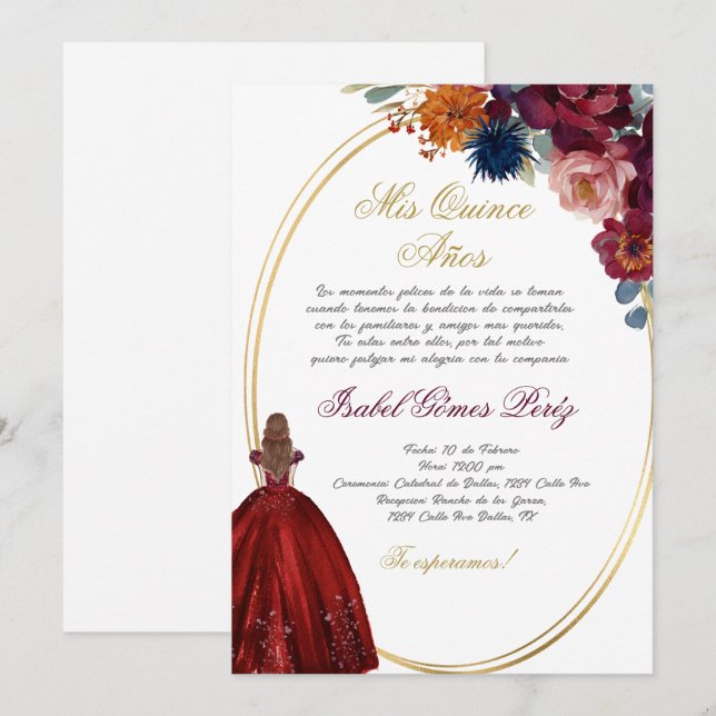 Jewel floral Quinceanera invitation in Spanish (Front/Back)
