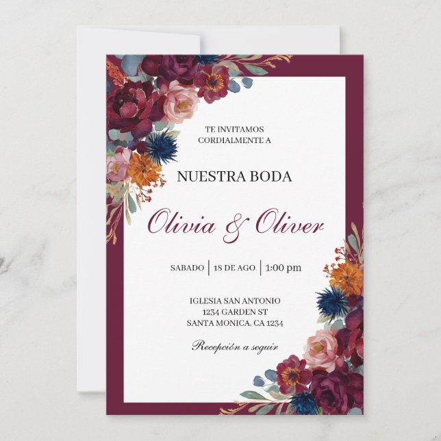 Jewel floral spanish wedding  invitation (Front)