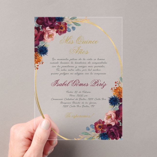 Jewel flower Spanish Quinceañera Acrylic Invitations (Insitu (Handheld))
