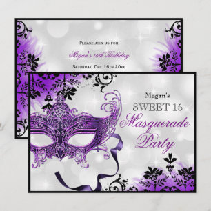 Jewel Mask & Damask Purple Masquerade Sweet 16 Invitation