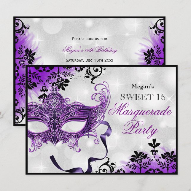 Jewel Mask & Damask Purple Masquerade Sweet 16 Invitation (Front/Back)