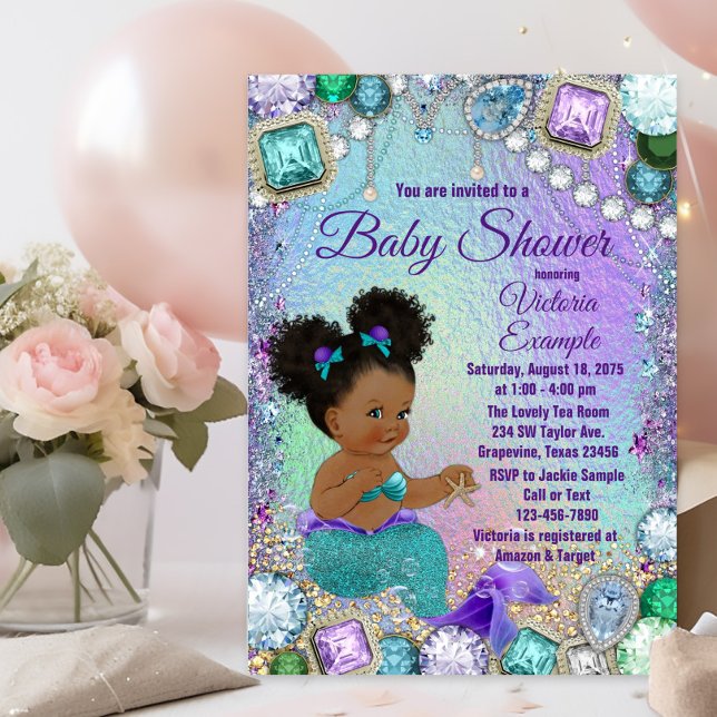Jewel Mermaid Afro Hair Baby Shower Invitation (Jewel mermaid baby shower invitation with adorable mermaid with afro puff hair and jewel background.)