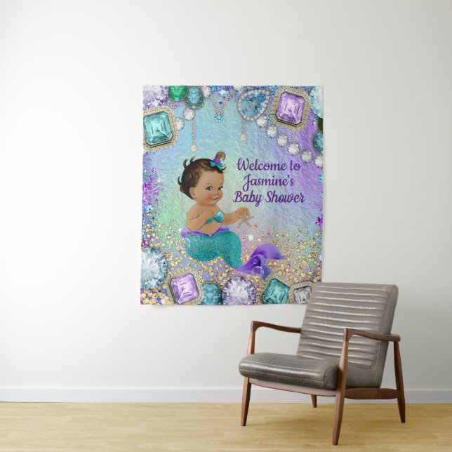 Jewel Mermaid Baby Shower Bacdrop Banner Tapestry (In Situ)