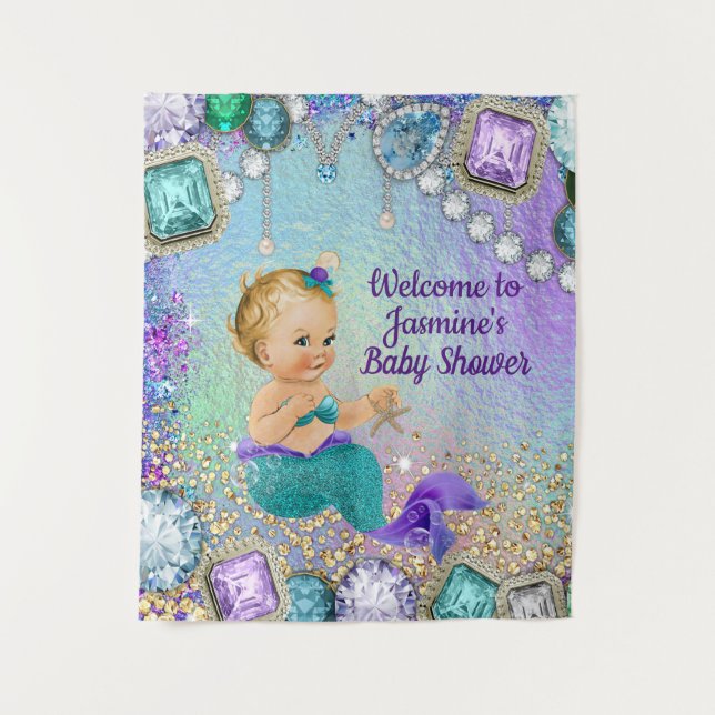 Jewel Mermaid Baby Shower Backdrop Banner Tapestry (Front)