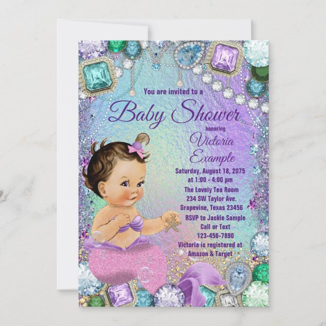 Jewel Mermaid Brunette Pink Mermaid Baby Shower Invitation (Front)