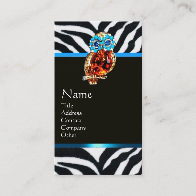 JEWEL OWL BLUE BLACK WHITE ZEBRA FUR MONOGRAM BUSINESS CARD (Front)