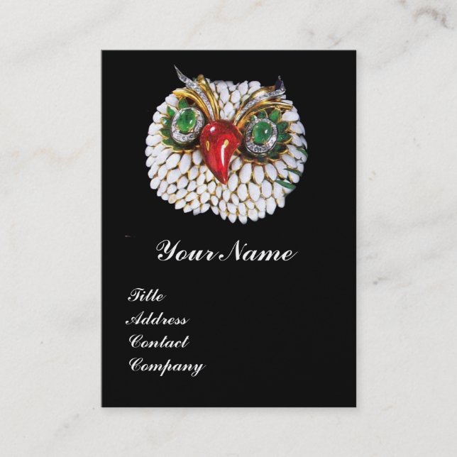 JEWEL OWL ,Gold,Green Emerald ,black white pearl Business Card (Front)
