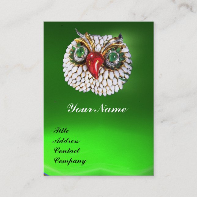 JEWEL OWL ,Gold,Green Emerald ,black white pearl Business Card (Front)