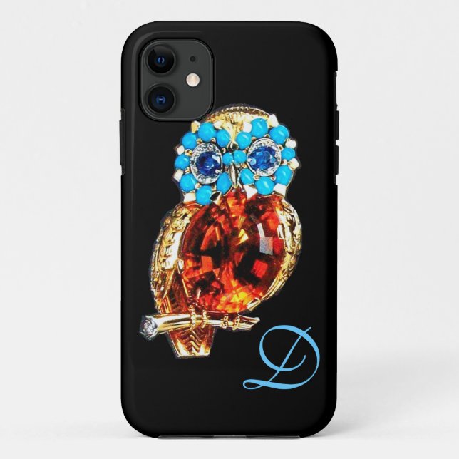 JEWEL OWL MONOGRAM Gold, Blue Turquase Topaz Case-Mate iPhone Case (Back)
