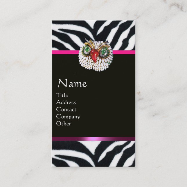 JEWEL OWL PINK BLACK WHITE ZEBRA FUR MONOGRAM BUSINESS CARD (Front)