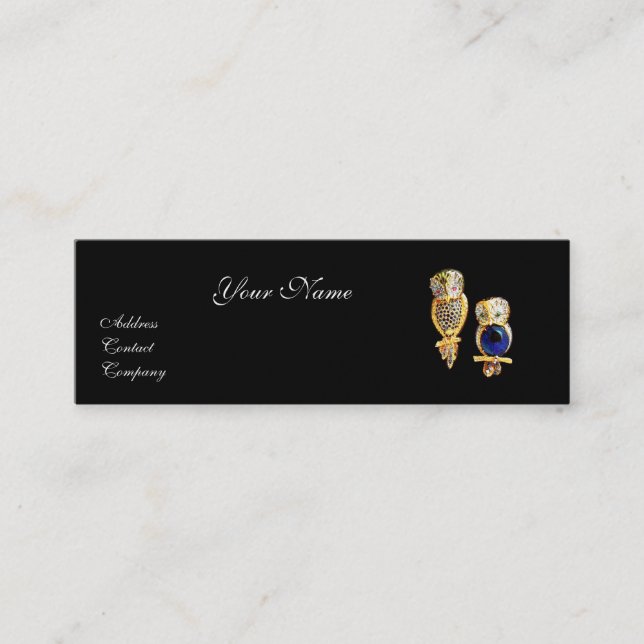 JEWEL OWLS,Gold, Blue Sapphire ,Topaz White Pearl Mini Business Card (Front)