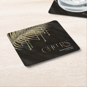 Jewel Palm Leaf Wedding Cheers Gold ID830 Square Paper Coaster