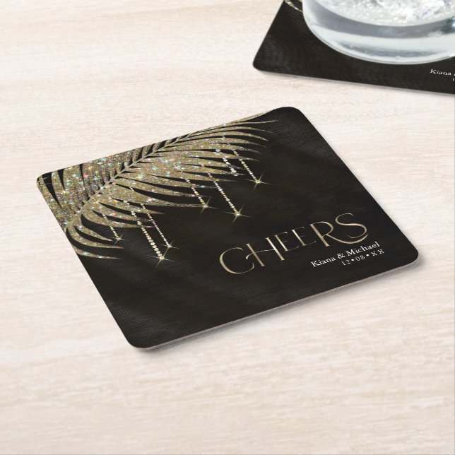 Jewel Palm Leaf Wedding Cheers Gold ID830 Square Paper Coaster (Angled)