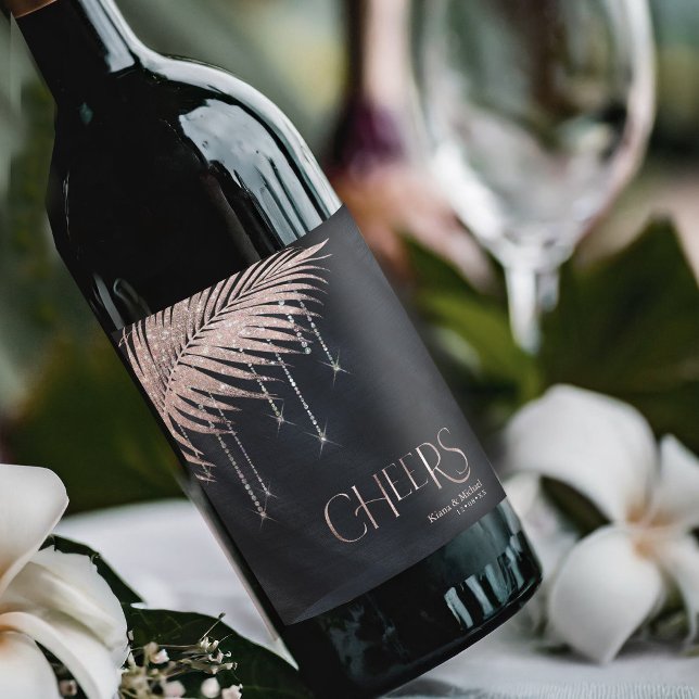Jewel Palm Leaf Wedding Cheers Rose Gold ID830 Wine Label (Creator Uploaded)