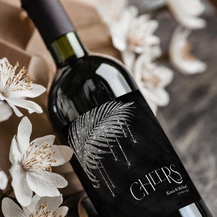 Jewel Palm Leaf Wedding Cheers Silver ID830 Wine Label