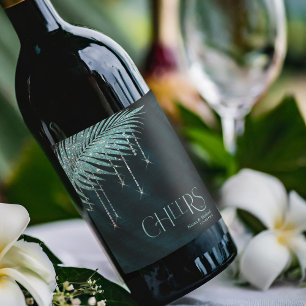 Jewel Palm Leaf Wedding Cheers Teal ID830 Wine Label